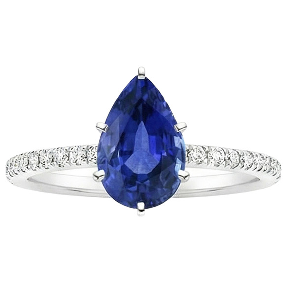 Solitaire Pear Ceylon Sapphire Ring With Accents Pave Set 3.75 Carats