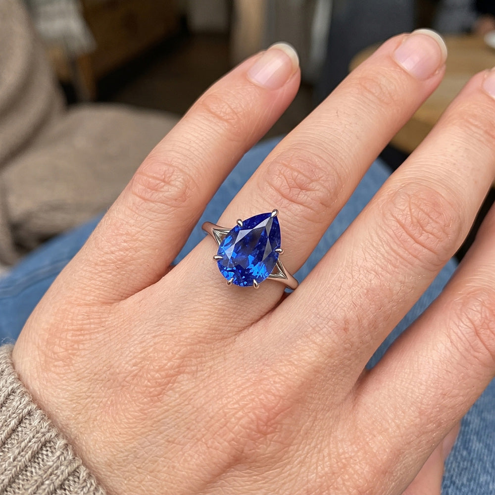 Solitaire Ring Split Shank Pear Cut Blue Sapphire 2.50 Carats