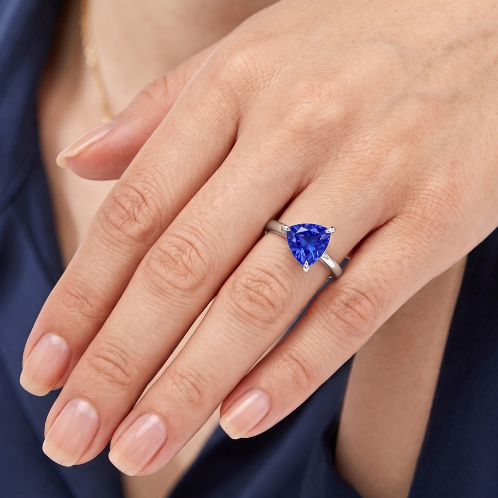Solitaire Ring Trillion Shaped Prong Set Blue Sapphire 1.50 Carats