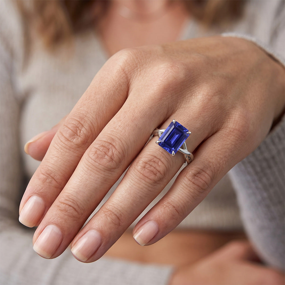 Solitaire Ring White Gold 14K Emerald Blue Sapphire 3 Carats