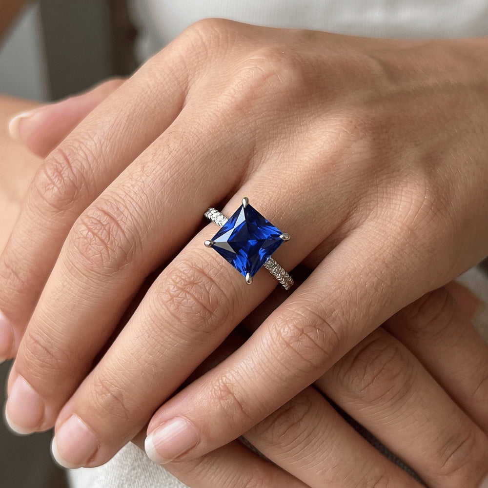 Solitaire Ring With Accents Princess Cut Ceylon Sapphire New 6 Carats