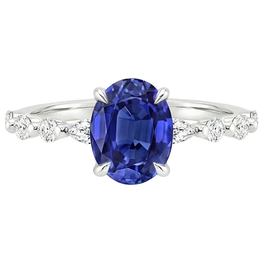 Solitaire Ring With Pear & Round Natural Earth Mined Diamond ( Not Lab Grown ) Accent Blue Sapphire 4 Carats