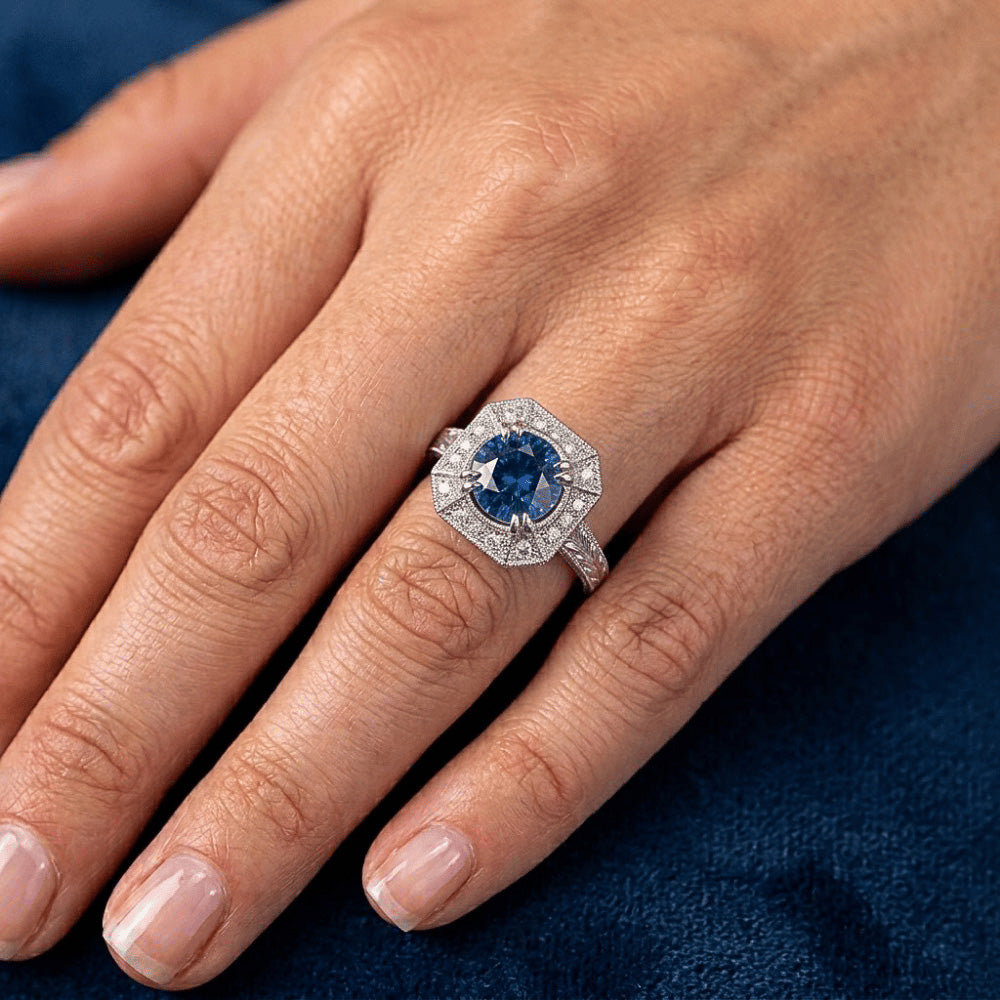 Solitaire With Accent 3.75 Ct Sapphire And Natural Earth Mined Diamond ( Not Lab Grown )s Ring White Gold