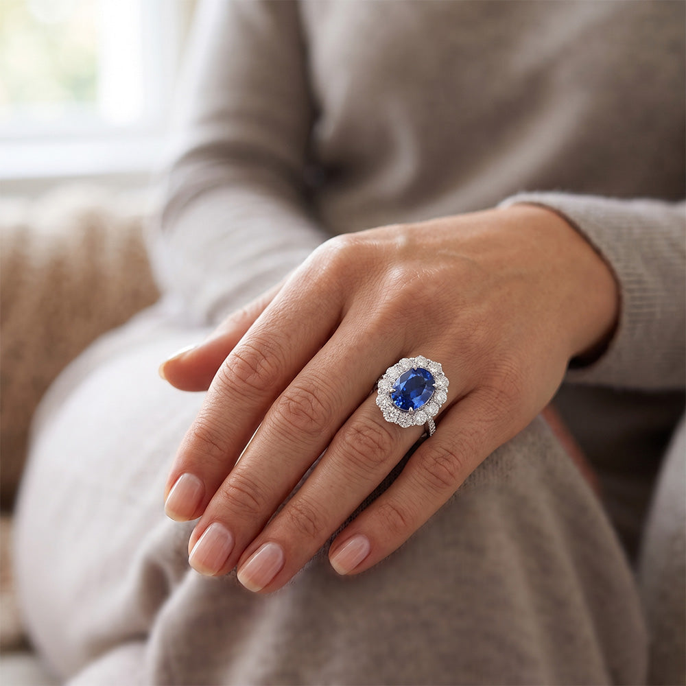 Solitaire With Accents Sri Lanka Sapphire Natural Earth Mined Diamond ( Not Lab Grown ) s 4.75 Ct. Ring WG 14K