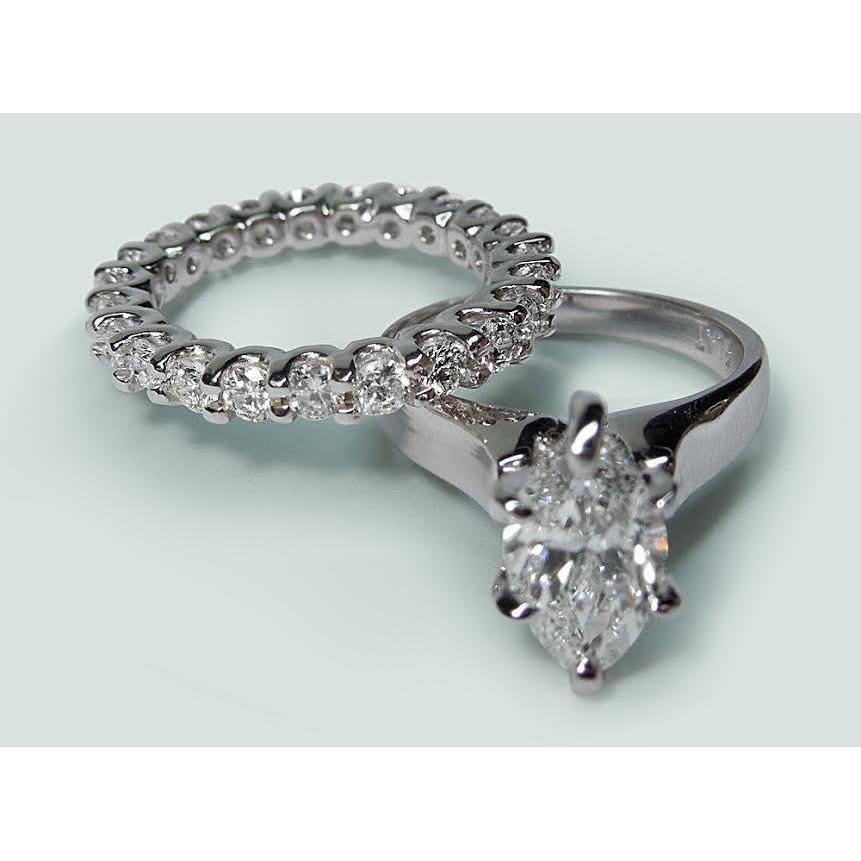 Solitaire Genuine Diamond Ring White Gold 14K 2 Carats Marquise Cut