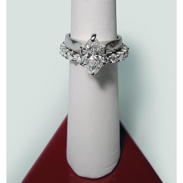 Solitaire Genuine Diamond Ring White Gold 14K 2 Carats Marquise Cut