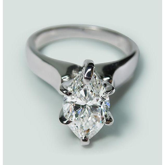Solitaire Genuine Diamond Ring White Gold 14K 2 Carats Marquise Cut