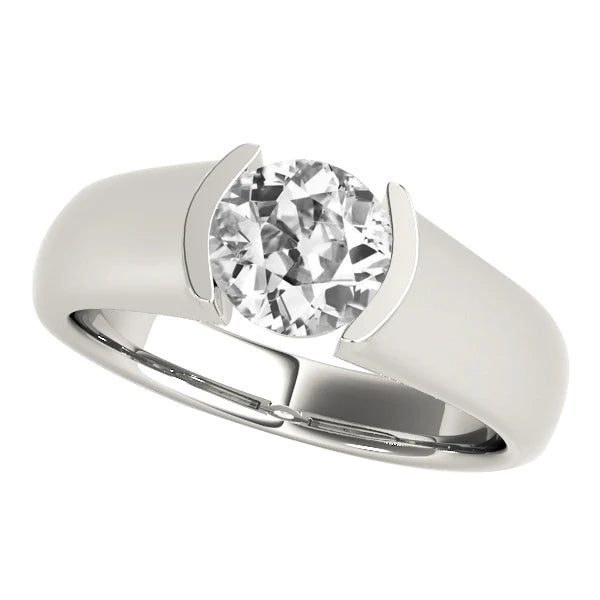 Solitaire Old Mine Cut Real Diamond Ring Half Bezel Set Gold 2 Carats Thick Shank