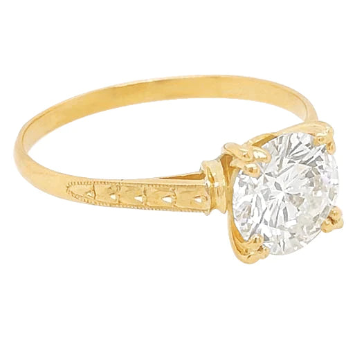 Solitaire Real Diamond Ring 2 Carats Milgrain Yellow Gold Ladies Jewelry