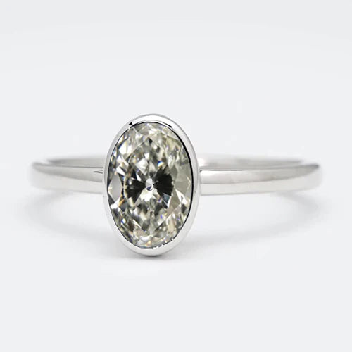 Solitaire Ring Oval Old Mine Cut Real Diamond Bezel Set 14K Gold 3 Carats