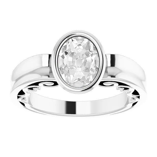 Solitaire Ring Oval Real Old Miner Diamond Bezel Set 3.75 Carats Gold 14K