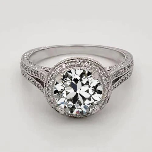 Solitaire Ring Round Old Miner Real Diamond White Gold 2 Carats Jewelry