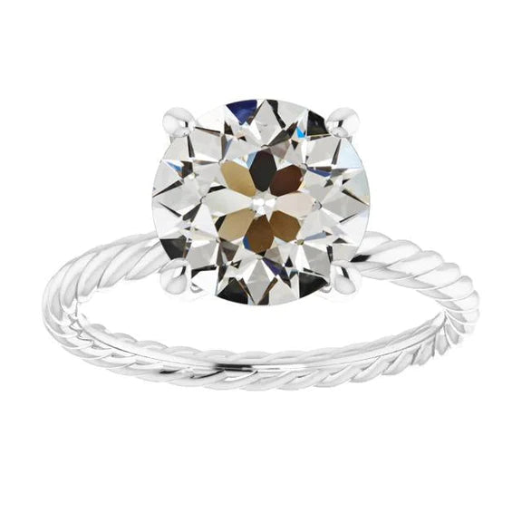 Solitaire Round Old Miner Natural Diamond Ring Rope Style 4 Carats Gold