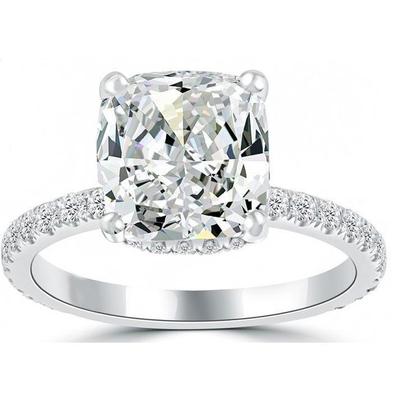Sparkling Hidden Halo Cushion Genuine Diamond Engagement Ring White Gold
