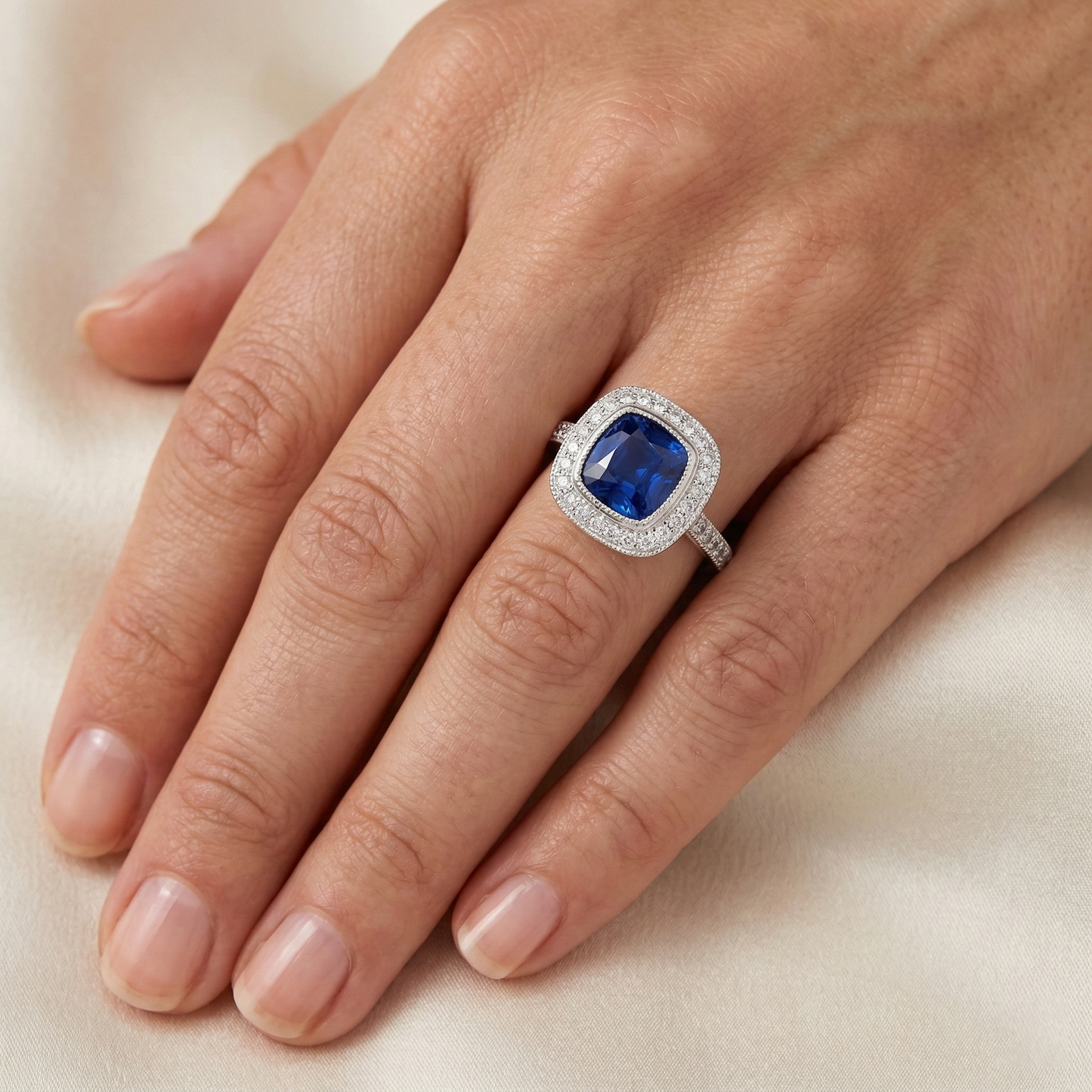 Square Sapphire Halo Natural Earth Mined Diamond ( Not Lab Grown ) Ring