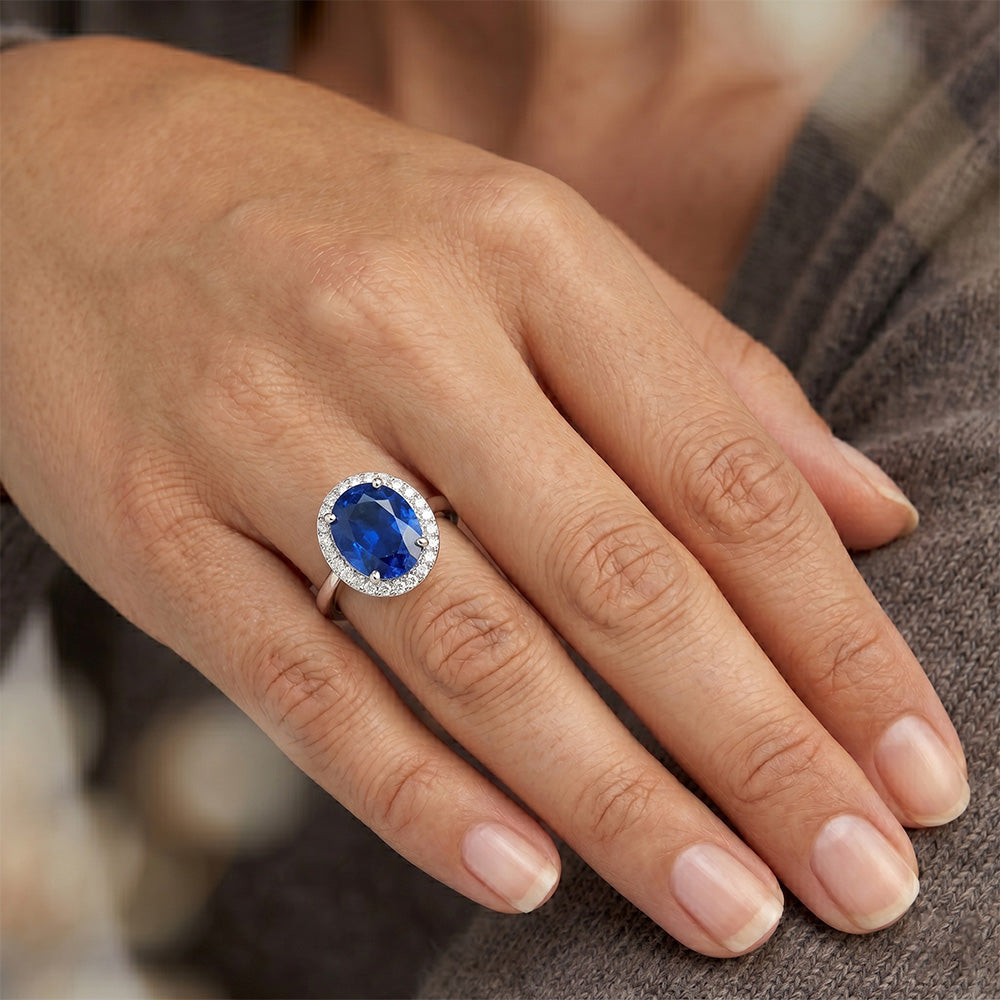 Sri Lanka Sapphire Oval And Round Natural Earth Mined Diamond ( Not Lab Grown ) Ring Gold 14K 2.90 Ct.