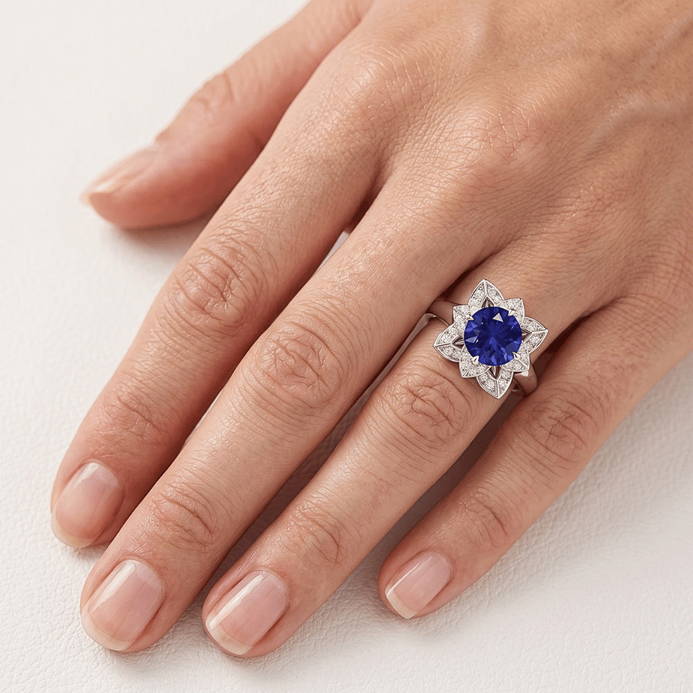 Sri Lanka Sapphire & Natural Earth Mined Diamond ( Not Lab Grown ) Wedding Ring 2.50 Carats White Gold 14K