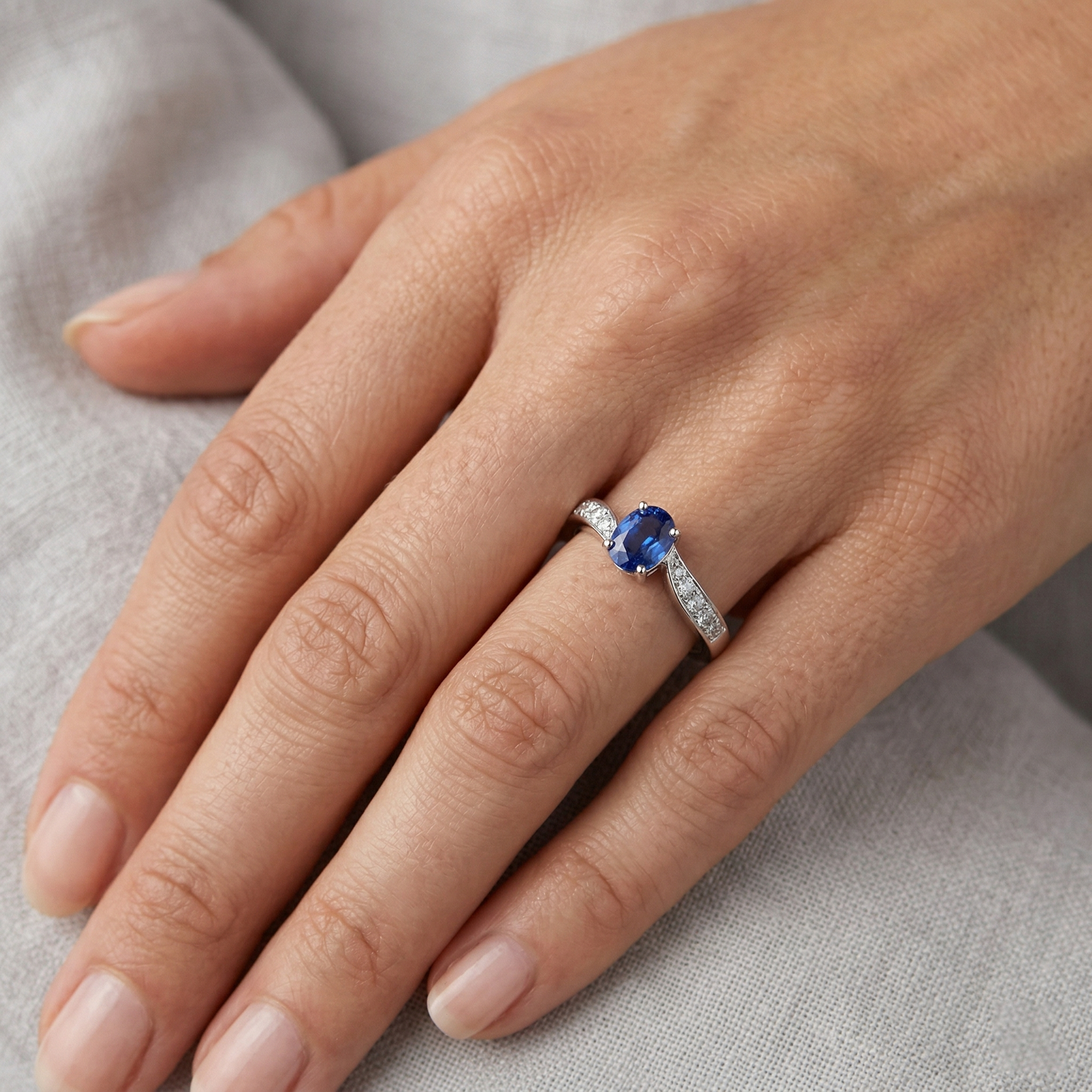 Sri Lankan Sapphire Oval Natural Earth Mined Diamond ( Not Lab Grown ) Promise Ring White Gold 14K