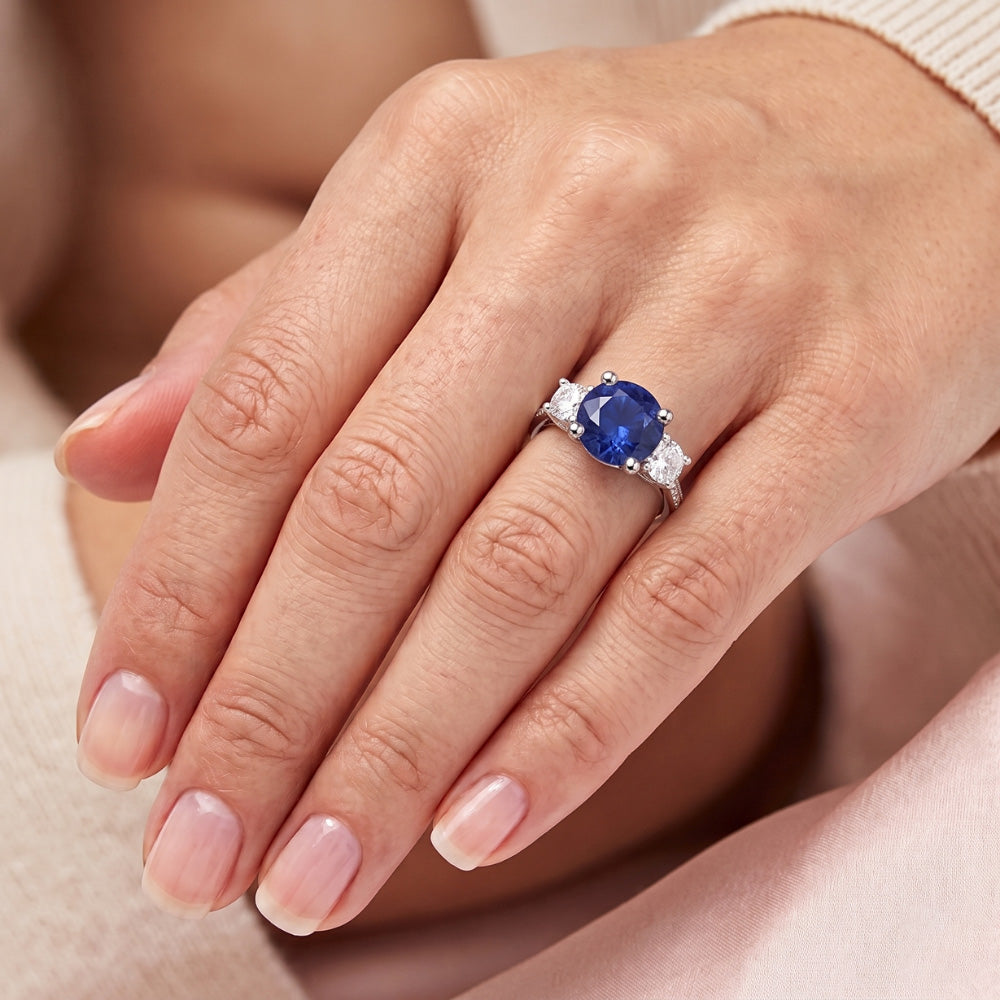 Srilanka Sapphire Natural Earth Mined Diamond ( Not Lab Grown ) Round Cut Ring 3.50 Carats White Gold 14K