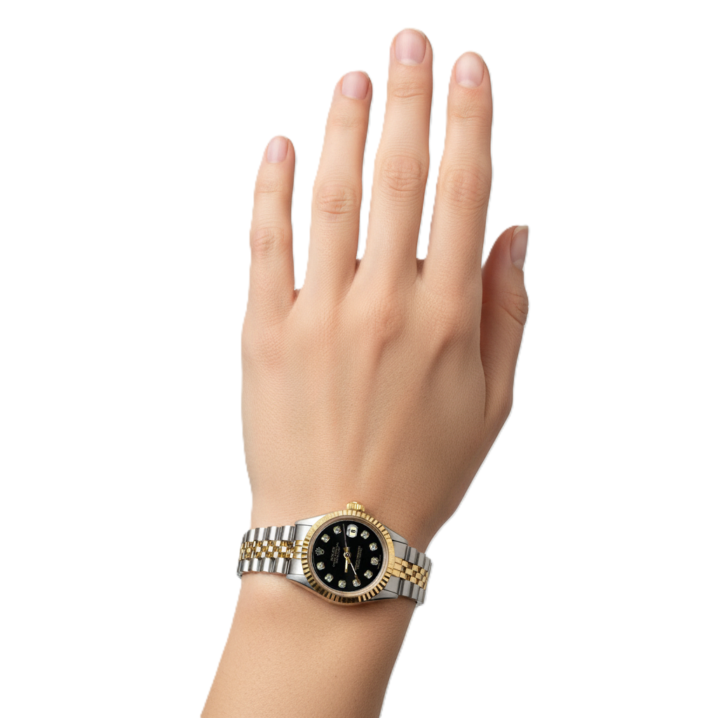 Ss & Gold Fluted Datejust Ladies Watch Black Diamond Dial Rolex