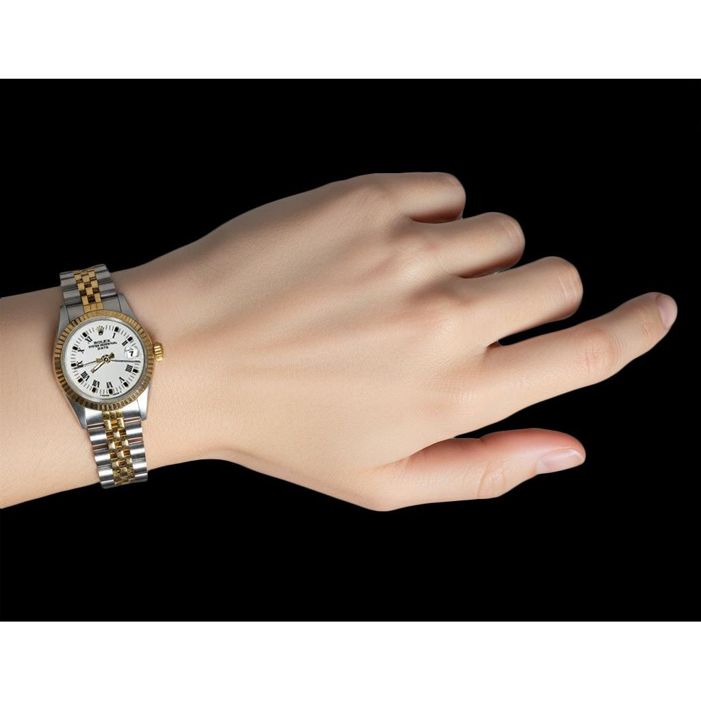 Ss & Gold Jubilee Bracelet Date Watch White Roman Dial Fluted Bezel P2