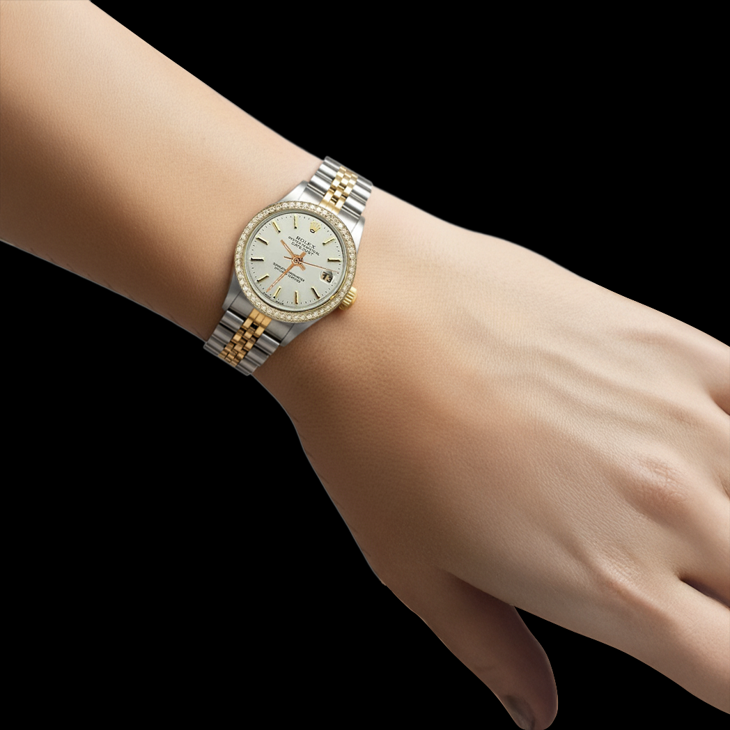 Ss & Gold Rolex Ladies Date Just Watch White Stick Dial Diamond