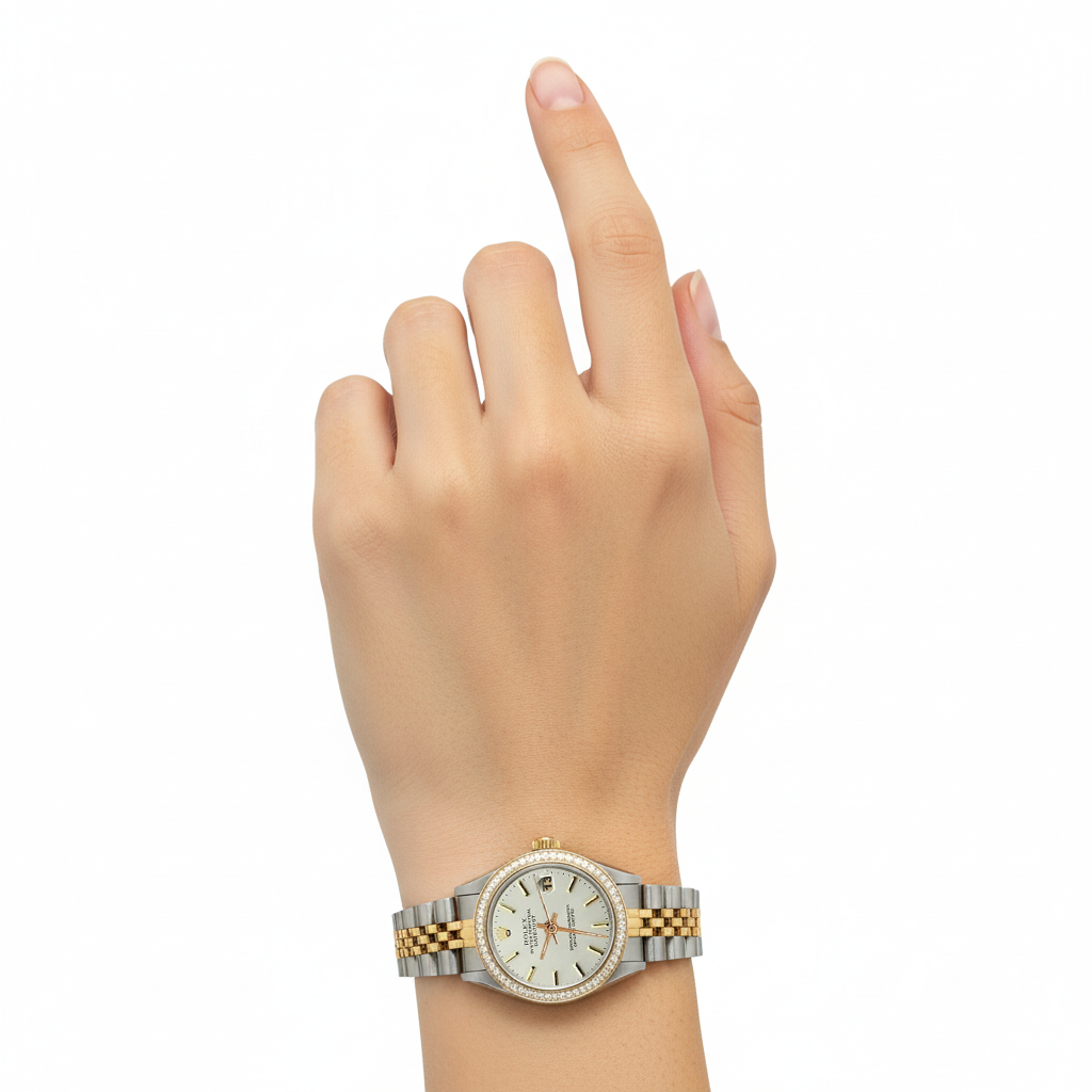 Ss & Gold Rolex Ladies Date Just Watch White Stick Dial Diamond P2