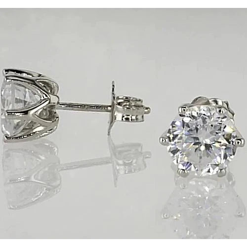 Stud Earrings 1.50 Carats Six Prong Round Real Diamond White Gold 14K