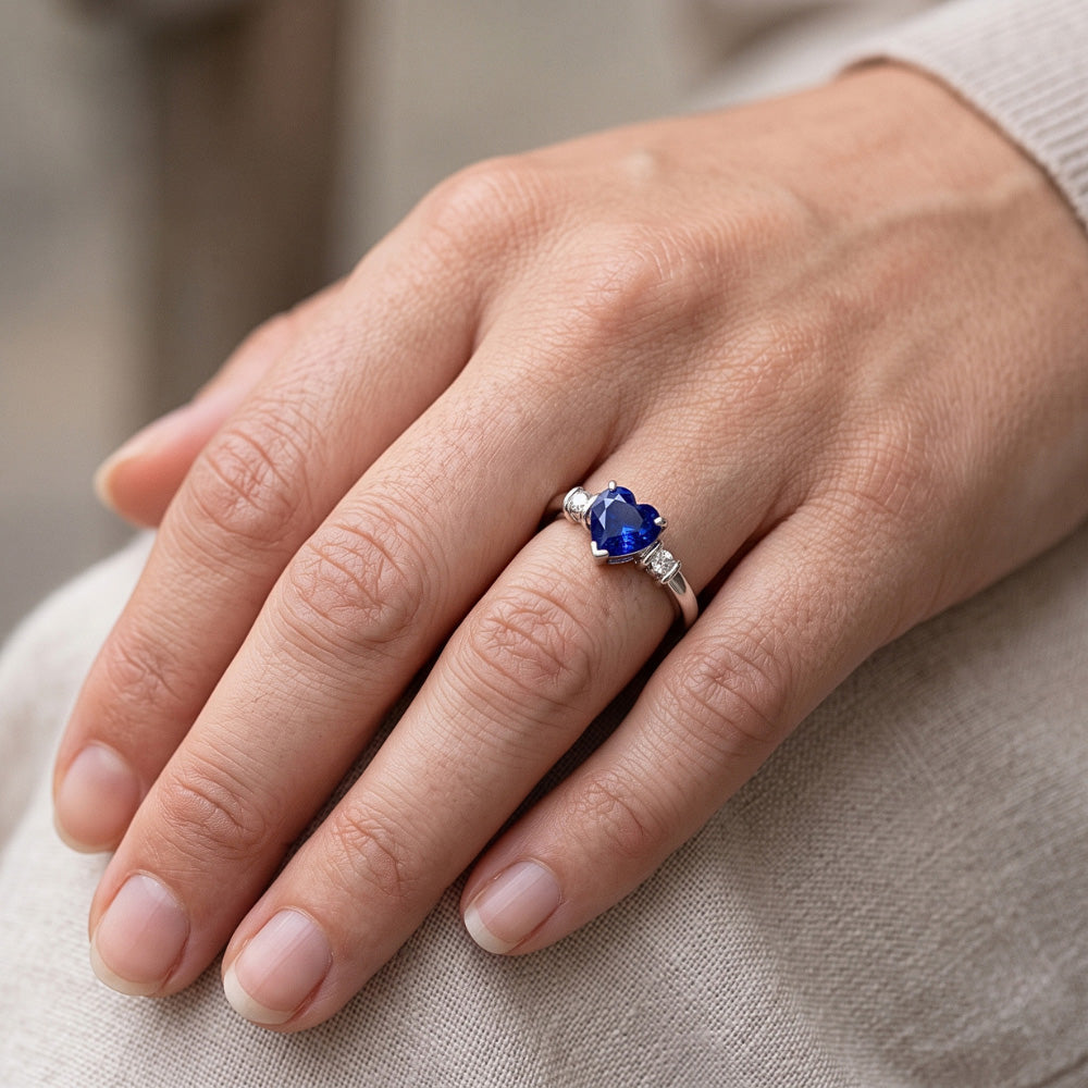 Three Stone Ceylon Sapphire Ring & Small Round Natural Earth Mined Diamond ( Not Lab Grown )s 1.25 Carats