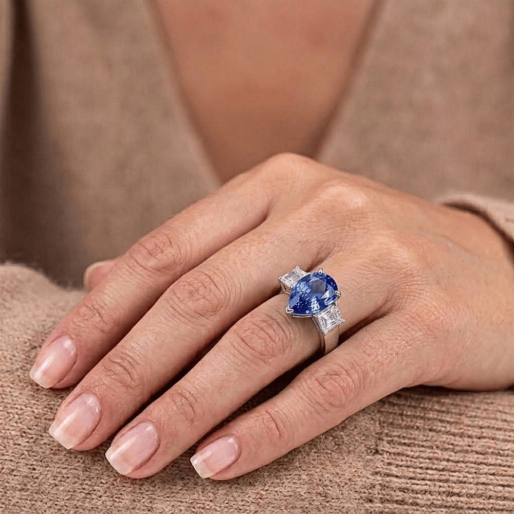 Three Stone Ceylon Sapphire With Natural Earth Mined Diamond ( Not Lab Grown )s 3.50 Ct Ring White Gold