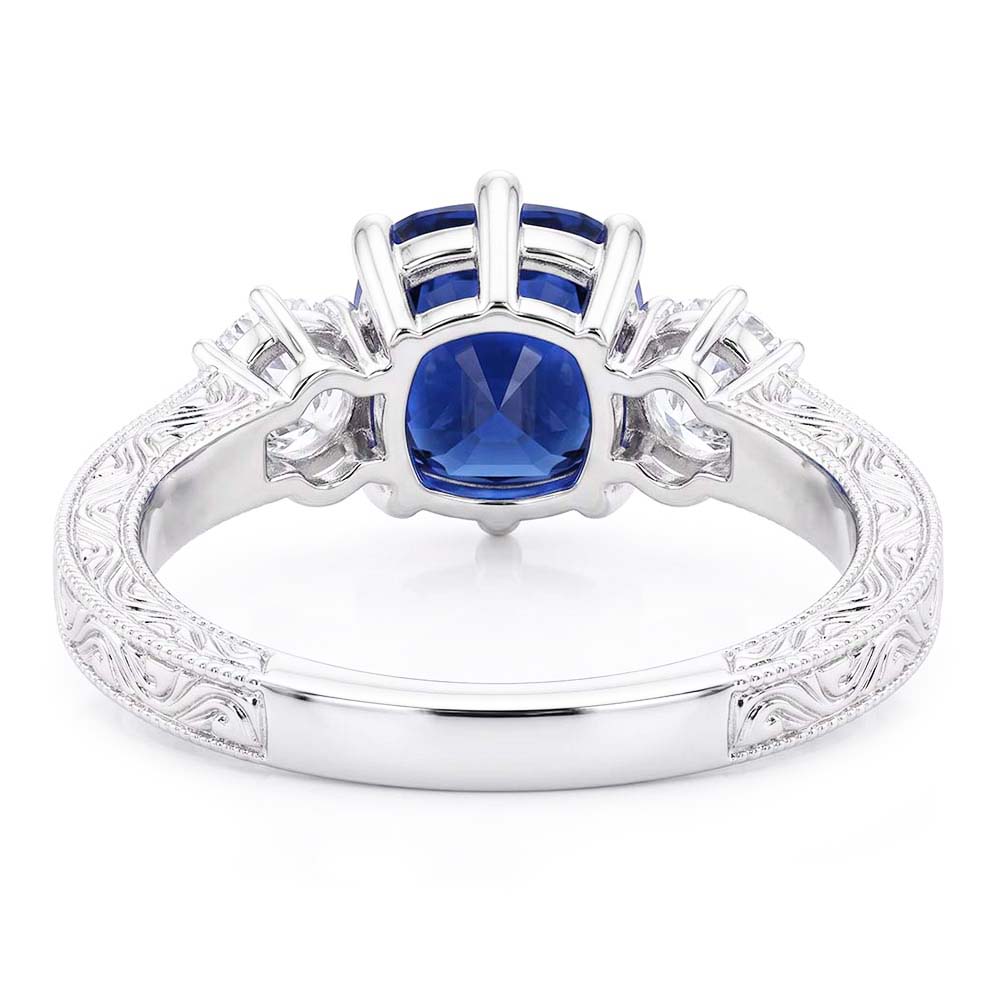 Three Stone Cushion Sapphire Ring Antique Style Natural Earth Mined Diamond ( Not Lab Grown )s 2.50 Carats