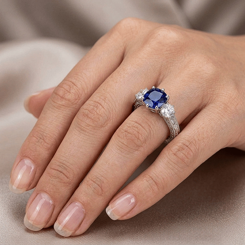 Three Stone Cushion Sapphire Ring Antique Style Natural Earth Mined Diamond ( Not Lab Grown )s 2.50 Carats