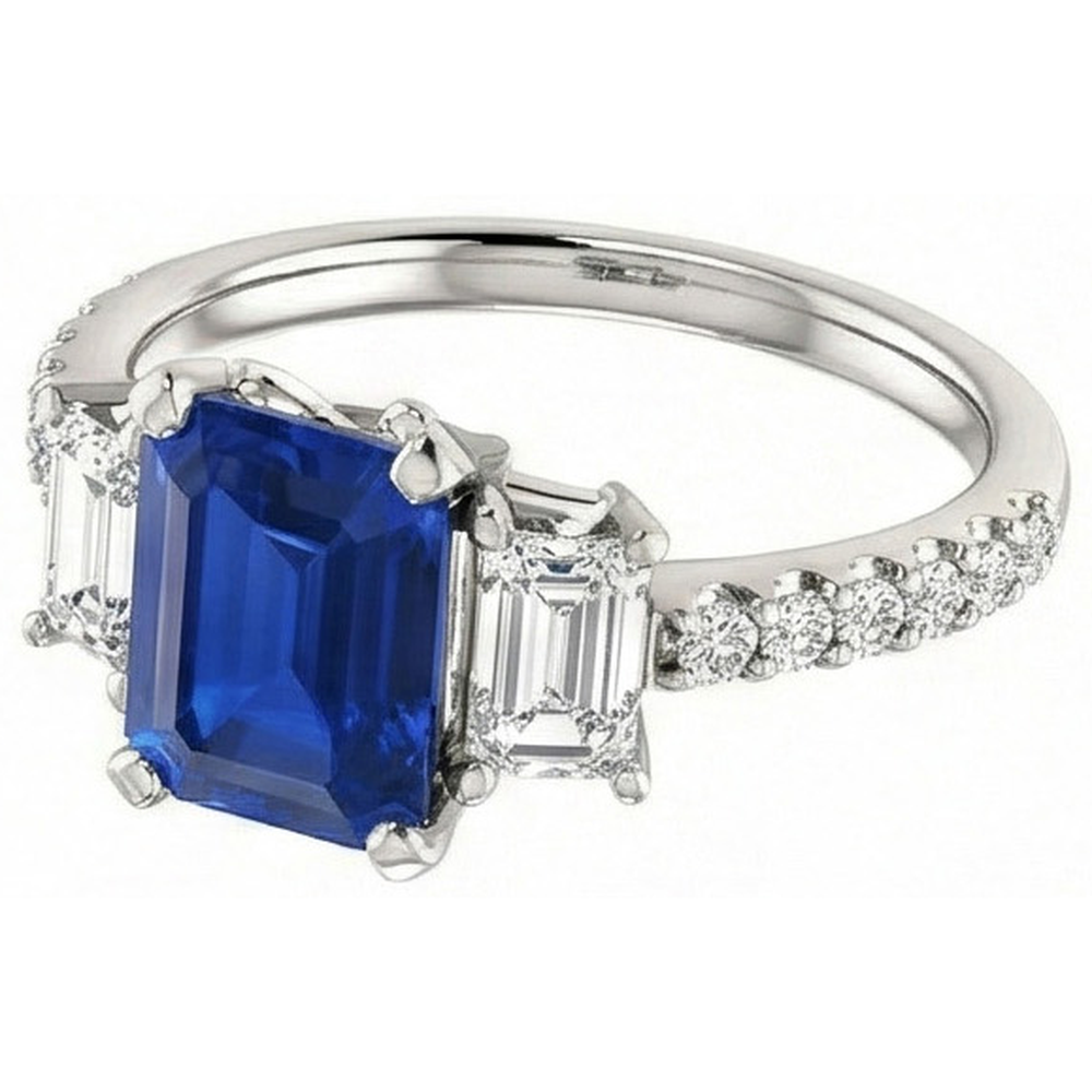 Three Stone Emerald Sapphire Ring With Accented Natural Earth Mined Diamond ( Not Lab Grown )s 3.50 Carats