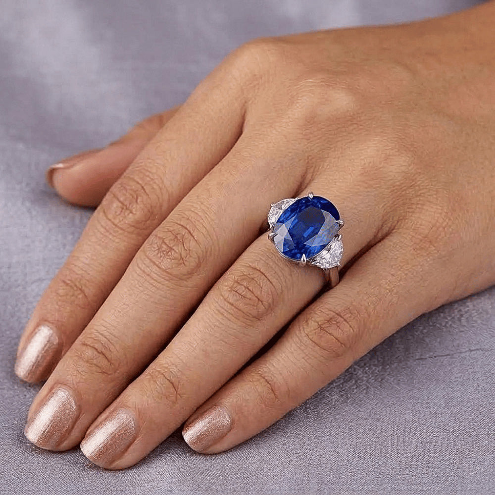 Three Stone Natural Earth Mined Diamond ( Not Lab Grown ) & Blue Sapphire Engagement Ring 8 Carats Gold 14K
