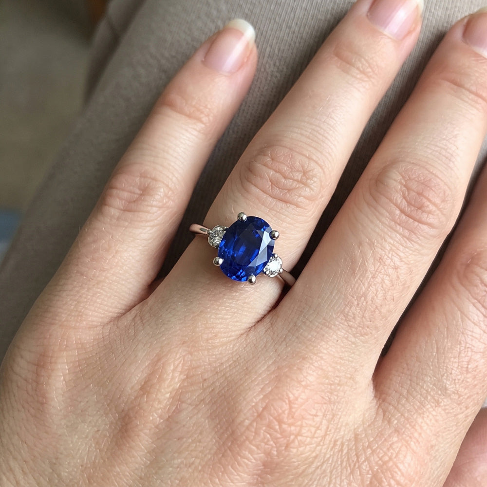 Three Stone Natural Earth Mined Diamond ( Not Lab Grown ) & Oval Ceylon Sapphire Ring 3.50 Carats White Gold