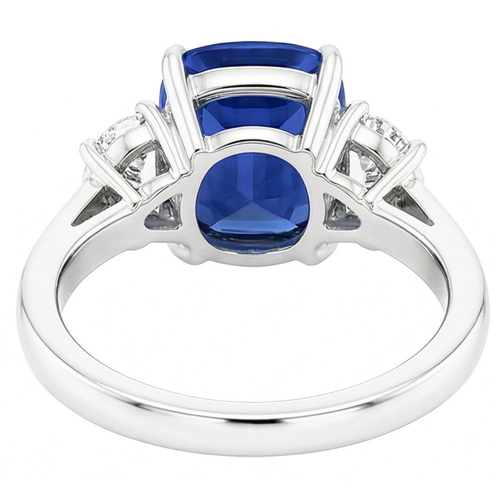 Three Stone Oval Blue Sapphire Ring 4.50 Carats Half Moon Natural Earth Mined Diamond ( Not Lab Grown )s