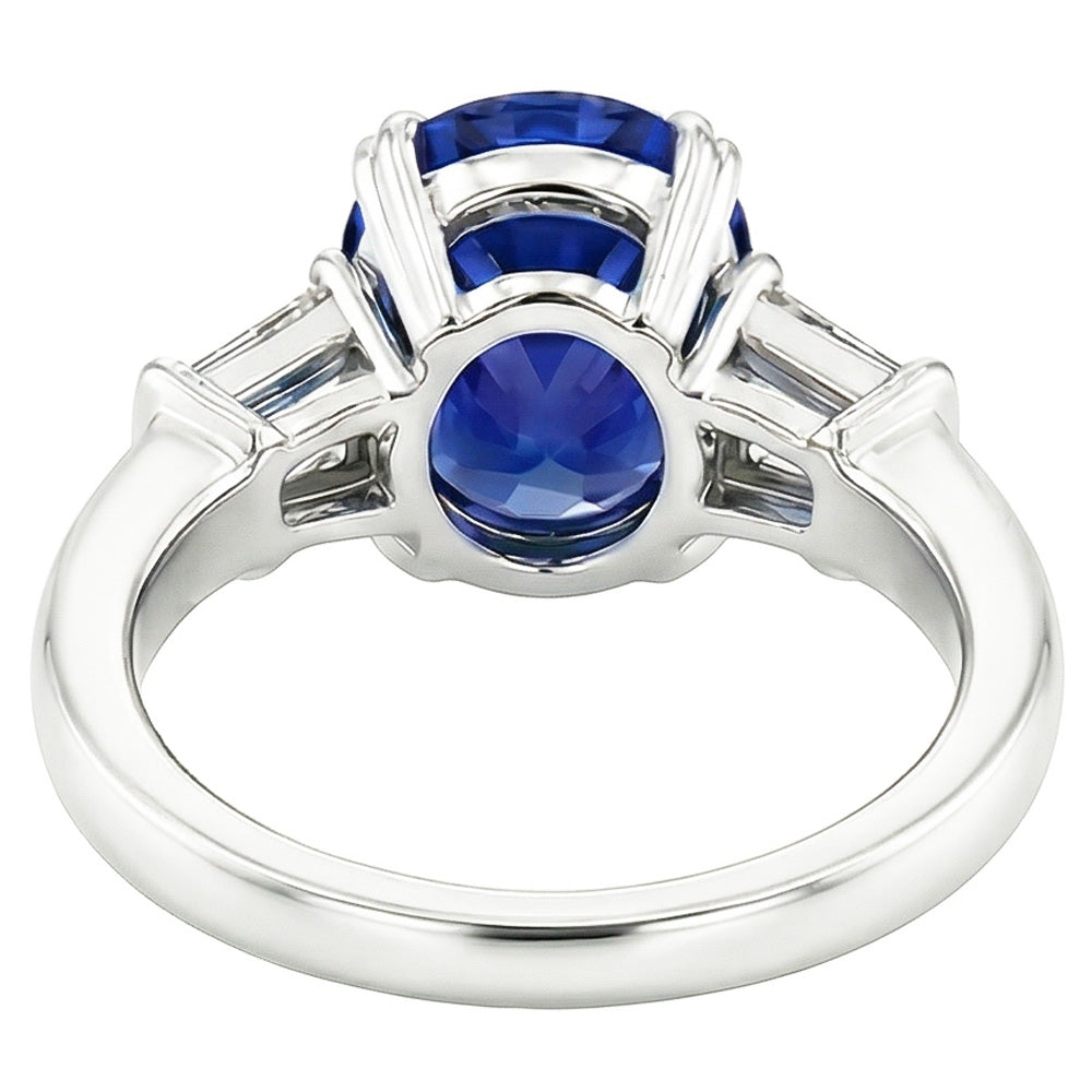 Three Stone Oval Blue Sapphire Ring With Baguette Natural Earth Mined Diamond ( Not Lab Grown ) 3.25 Carats