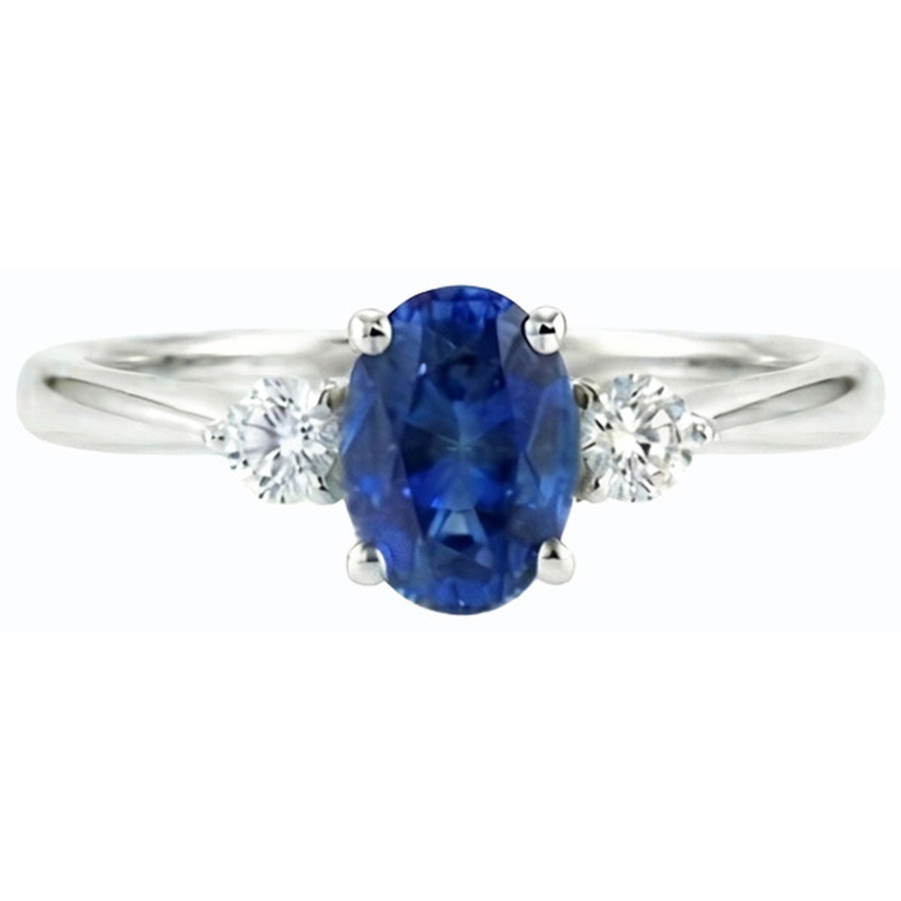 Three Stone Oval Ceylon Sapphire & Round Natural Earth Mined Diamond ( Not Lab Grown ) Ring 2.50 Carats