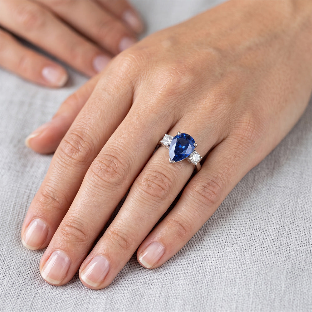 Three Stone Pear Blue Sapphire And Natural Earth Mined Diamond ( Not Lab Grown ) Engagement Ring 4.20 Ct.