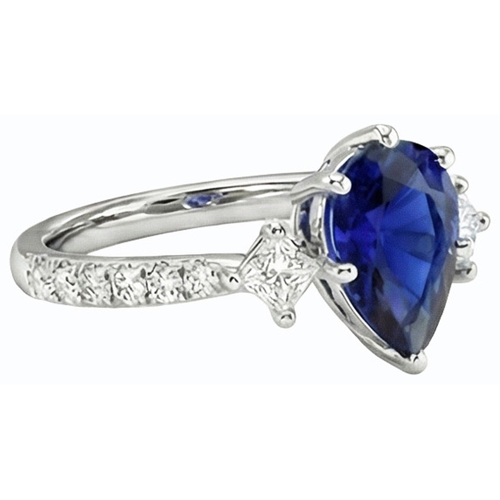 Three Stone Pear Ceylon Sapphire RIng With Natural Earth Mined Diamond ( Not Lab Grown ) Accents 3 Carats