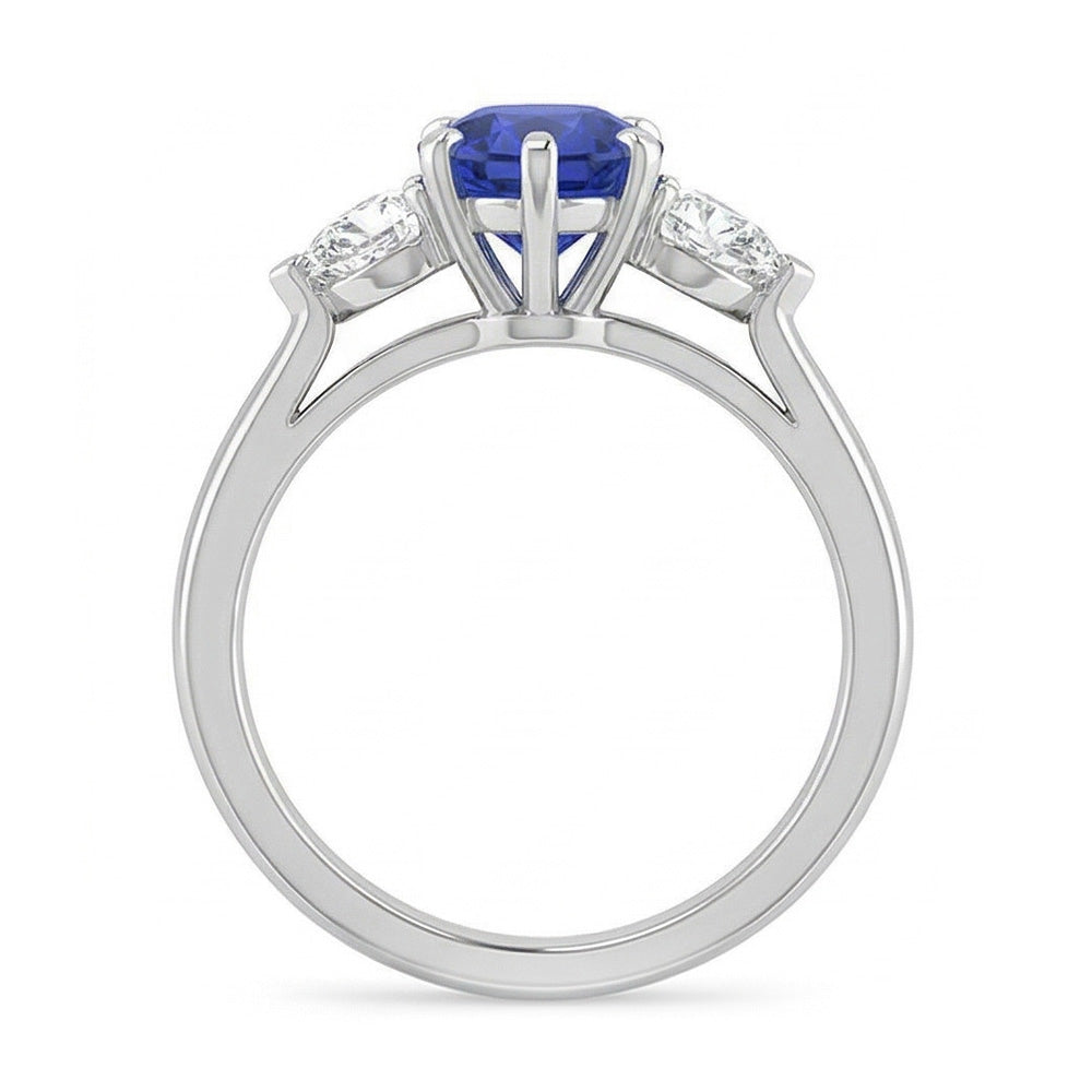 Three Stone Round Blue Sapphire Ring & Pear Natural Earth Mined Diamond ( Not Lab Grown )s 1.25 Carats