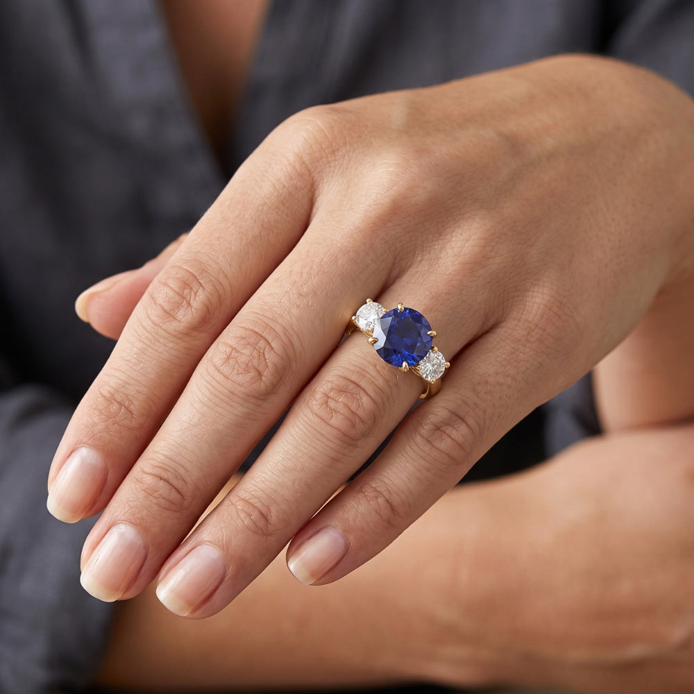 Three Stone Round Blue Sapphire & Natural Earth Mined Diamond ( Not Lab Grown ) Ring 5 Carats Jewelry