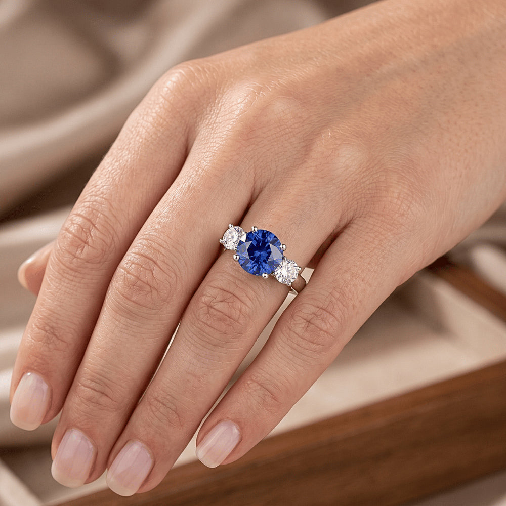 Three Stone Round Natural Earth Mined Diamond ( Not Lab Grown ) Engagement Ring Srilanka Sapphire 3 Carats