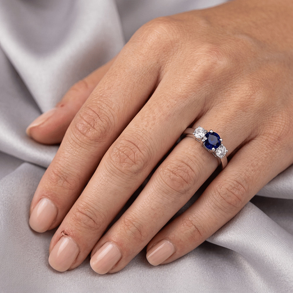 Three Stone Round Natural Earth Mined Diamond ( Not Lab Grown ) Ring 1.50 Carats Ceylon Sapphire Gemstone