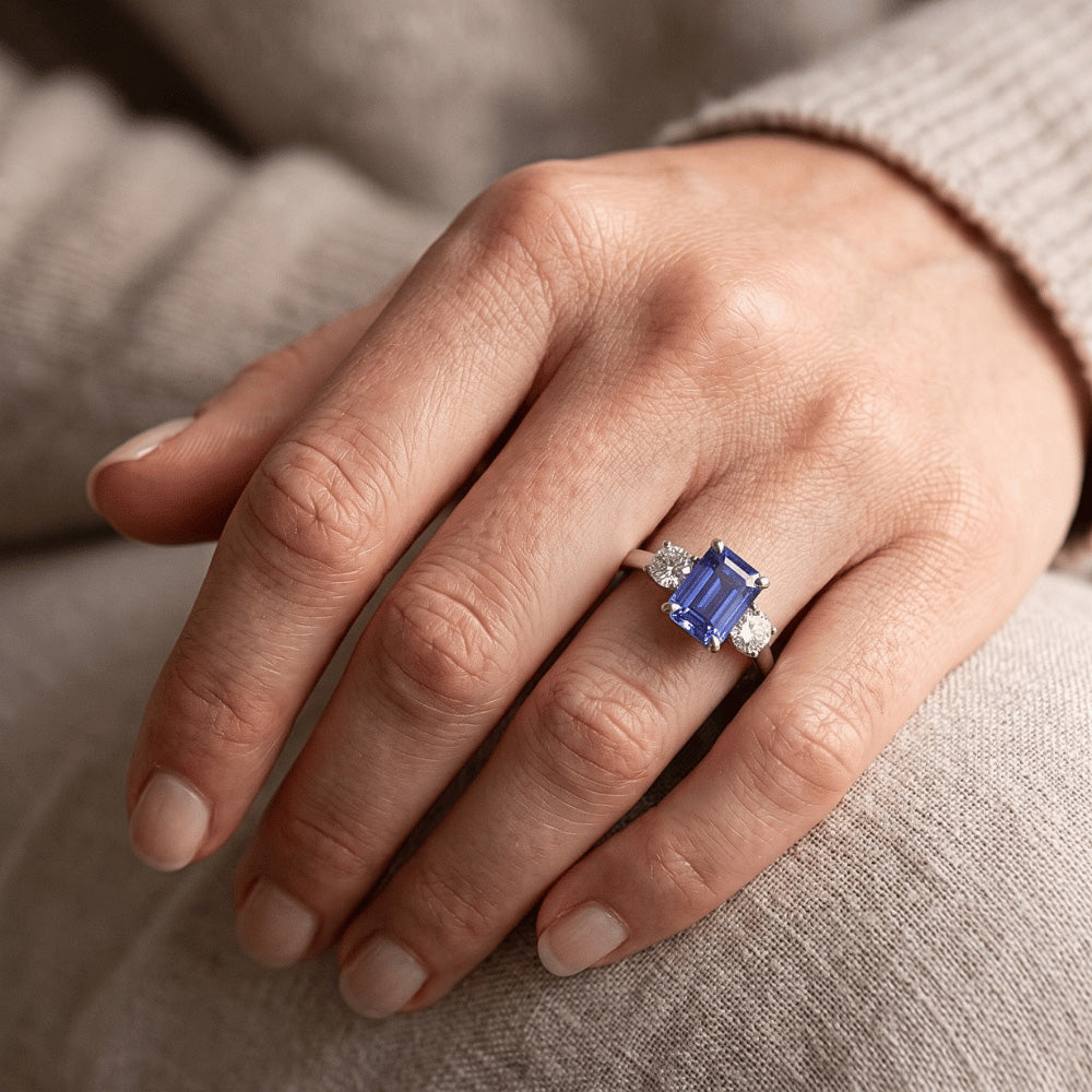 Three Stones Ring Emerald Sri Lankan Sapphire & Natural Earth Mined Diamond ( Not Lab Grown )s 3.50 Carats