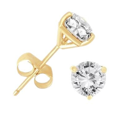 Three Prong Set Round  3 Carats Genuine Diamonds Studs Earrings Yellow Gold