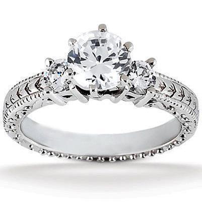 Three Stone 3.20 Carats Genuine Diamonds Antique Style Ring White Gold 14K