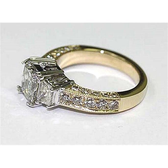 Three Stone Natural Diamond Ring 2.75 Carat Vintage Style Yellow Gold 14K