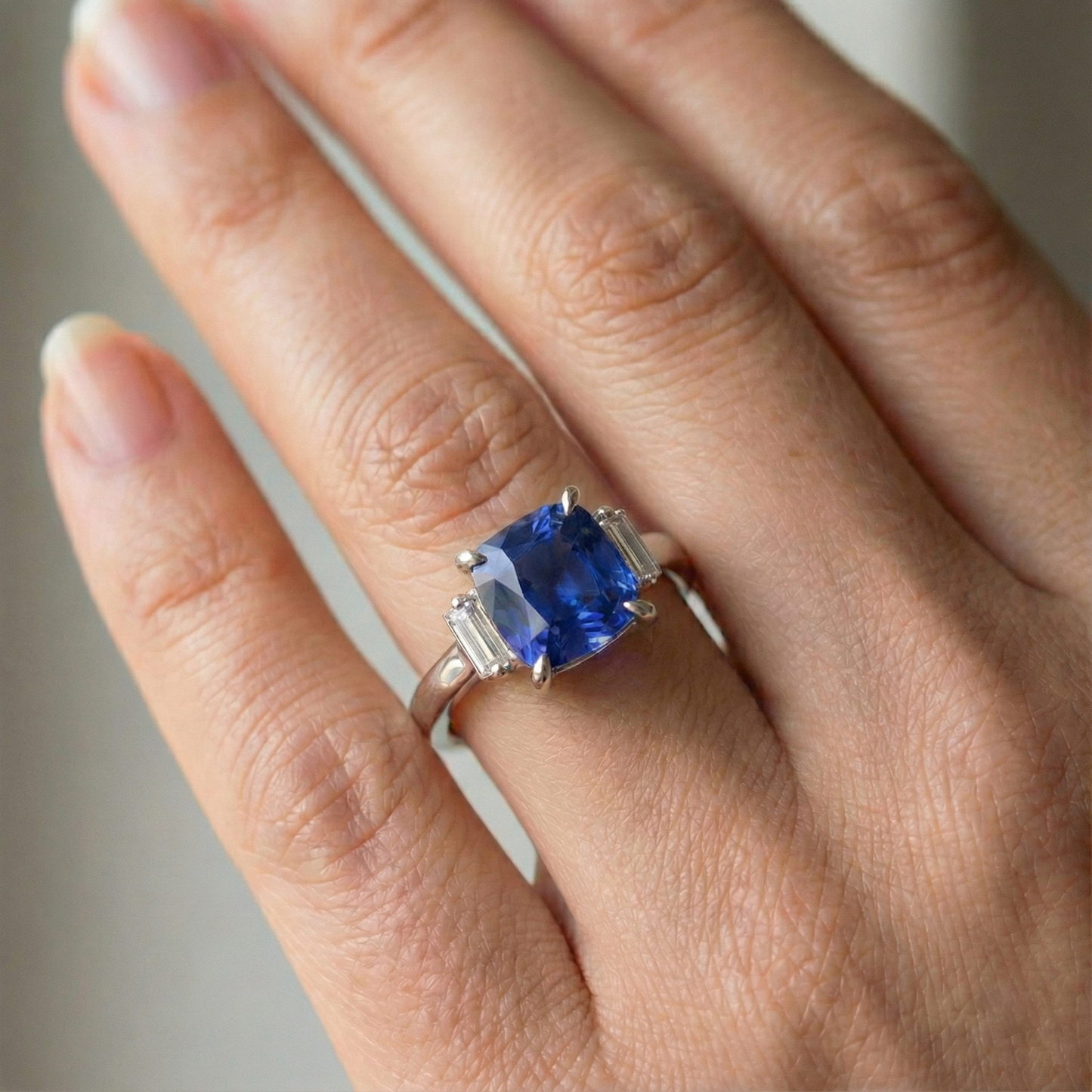 Three Stone Natural Earth Mined Diamond ( Not Lab Grown ) Blue Sapphire Ring 3.25 Carats White Gold
