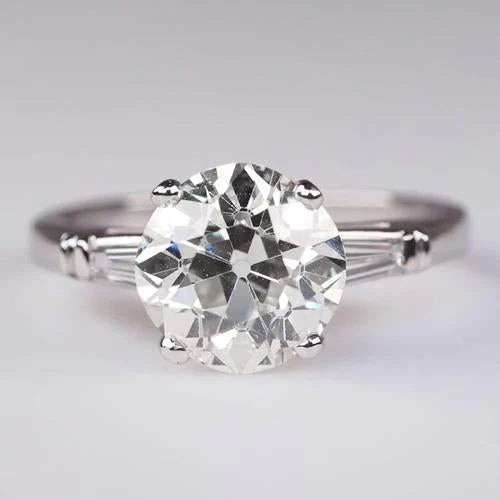 Three Stone Ring Baguette & Round Old Mine Cut Natural Diamonds 2.75 Carats